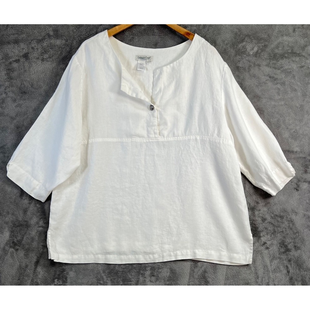 Coldwater Creek Linen Tunic Top XL White 3/4 Sleeve Lagen Boho Cottage